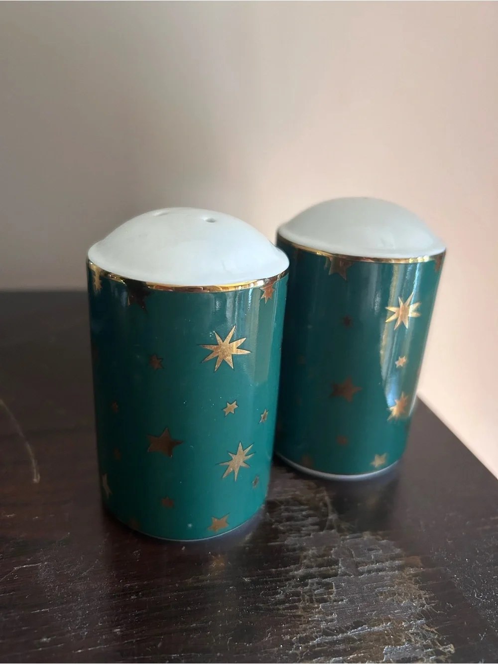 Galaxy by Sakura gold & green star print fine porcelain salt and pepper shakers